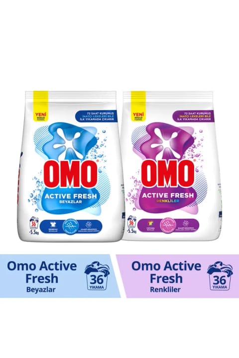 Omo Active Fresh سفیدها 5.5kgx1 و Active Fresh رنگیها 5.5kgx1 پودر لباسشویی