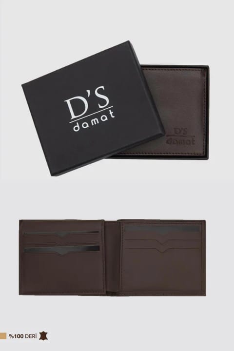 D'S Damat کیف پول چرم طبیعی قهوهای با جعبه