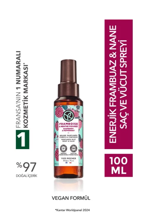 Yves Rocher اسپری مو و بدن - انرژی‌بخش تمشک و نعناع - وگان - 100 میلی‌لیتر