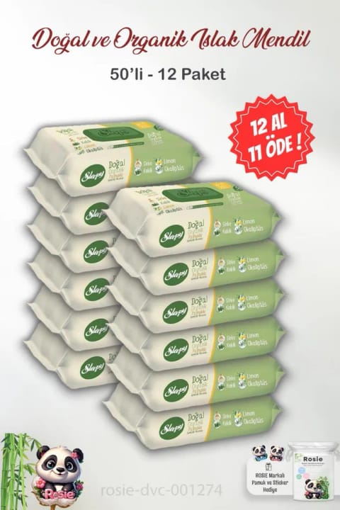 اسلیپی 12 عدد + 11 عدد هدیه دستمال مرطوب طبیعی و ارگانیک 50 برگی و پنبه رزی