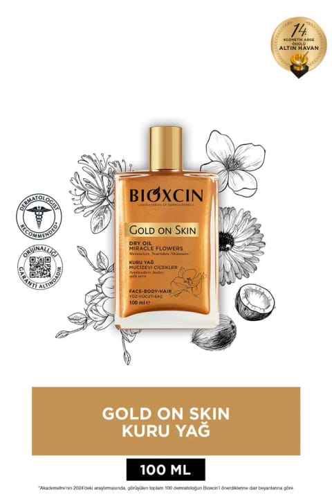 Bioxcin Gold On Skin درخشش طلایی روغن خشک اسپری مو صورت بدن ۱۰۰ میلی‌لیتر