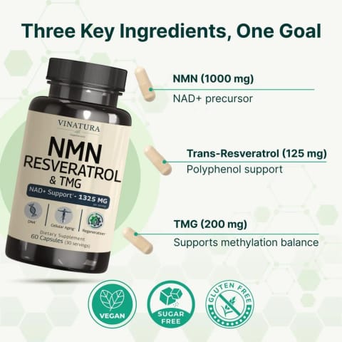 VINATURA NMN 1325MG با Resveratrol و TMG NAD+ ۶۰ کپسول