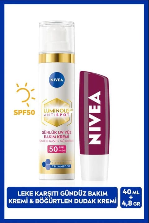 NIVEA Luminous630 کرم روزانه ضد لک صورت با محافظت در برابر آفتاب ۴۰ میلی‌لیتر + رژ لب توت سیاه