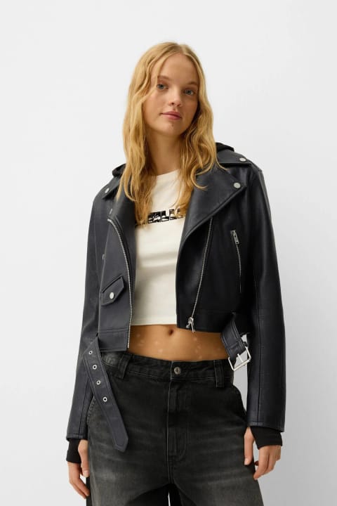 کاپشن چرم مصنوعی موتورسیکلت Bershka