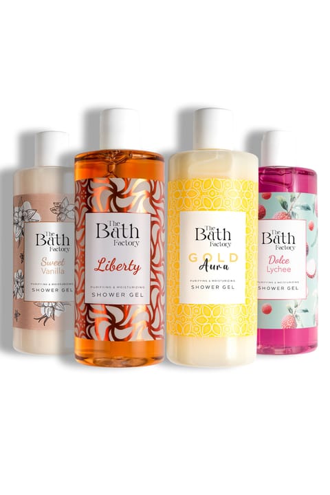ست ژل دوش THE BATH FACTORY (Liberty - Gold Aura - وانیل - لیچی) ۴ × ۴۰۰ ml