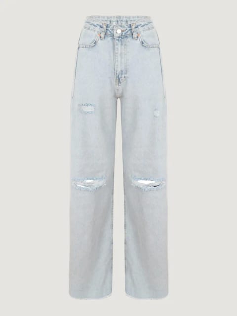 شلوار جین دمپا گشاد با جزئیات فرسوده - آبی