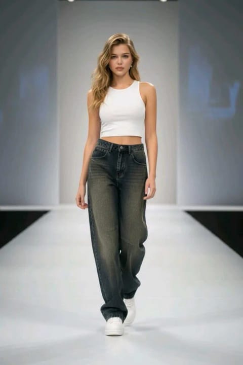 Livik Baggy Jeans سگگدار با جزئیات سگک آبی با تهرنگ سبز کمر فوق‌العاده بلند...