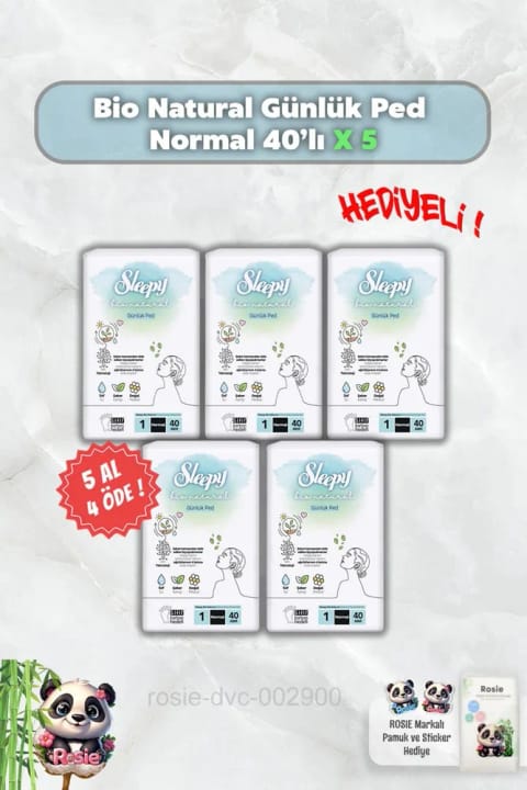 Sleepy Bio Natural پد روزانهٔ نرمال ۴۰ عددی — ۵ بسته، همراه هدیهٔ Rosie