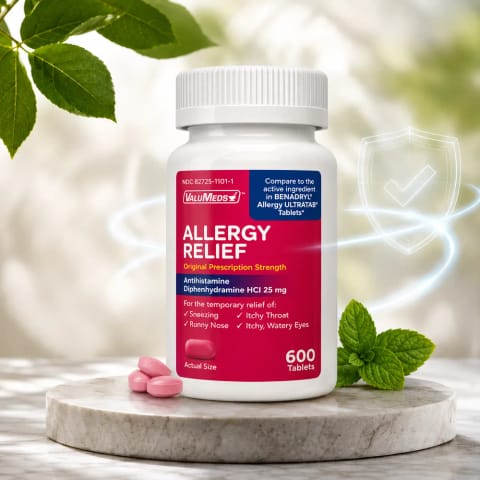 Valumeds Allergy Relief Pollen, Hay Fever, Dry, Itchy Eyes, Allergies hcl 25 mg 600 Tablet