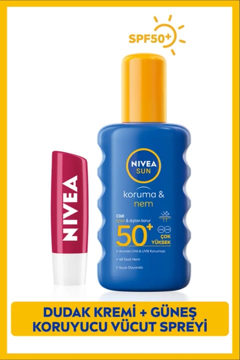 NIVEA SUN SPF50 مرطوب‌کننده و محافظ آفتاب اسپری بدن ۲۰۰ml و بالم لب آلبالویی...