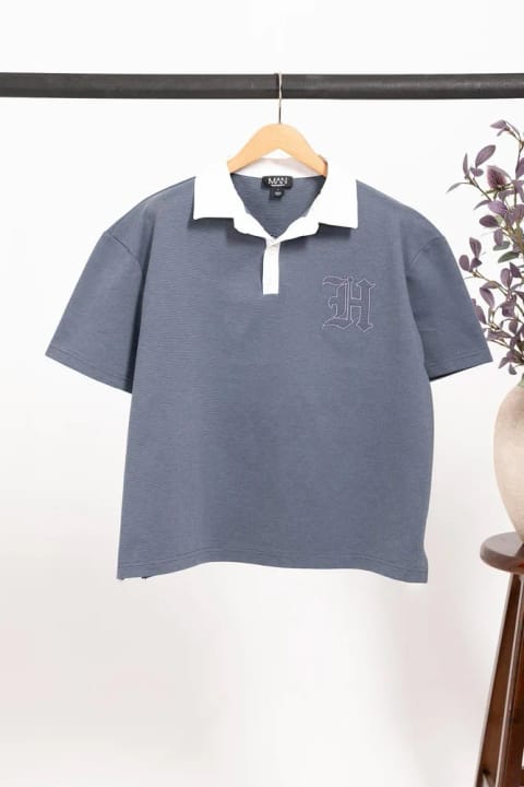 تی‌شرت مردانه Oversize Polo Yaka Sprey Wash – آبی | Boxy Fit