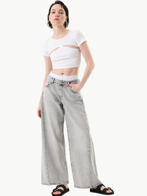 شلوار جین Baggy کمر بنددار با جزئیات - خاکستری