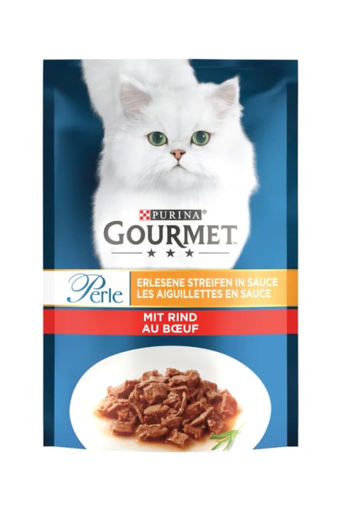 Gourmet Perle کنسرو غذای گربه بالغ با تکه‌های گوشت گاو کبابی ۸۵ گرم