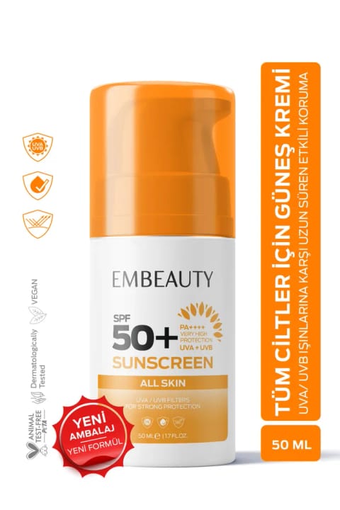 Embeauty کرم ضد آفتاب با محافظت بالا SPF50+ مناسب همه انواع پوست ۵۰ میلی‌لیتر