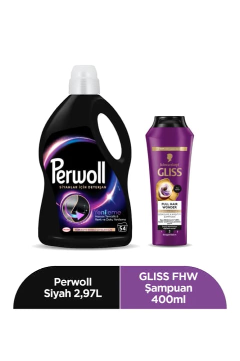 Perwoll مایع لباسشویی مخصوص لباسهای مشکی ۲/۹۷ لیتر + Gliss Full Hair Wonder شامپو و ماسک مو ۴۰۰ میلیلیتر