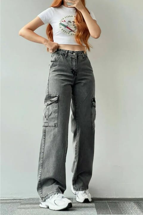 Trn JNS Shade Black Loose Fit Kargo Pocketless High Waist Stretch Jean Pant