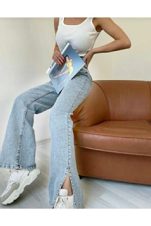 DRC trend Jale زنانه آبی روشن شست‌وشوی مستقیم کمر بلند پاچه گشاد جین