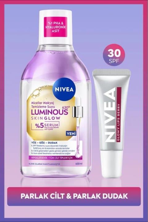 NIVEA Luminous630 Skin Glow میکلا واتر پاک‌کننده آرایش 400ml و بالم لب توت‌فرنگی