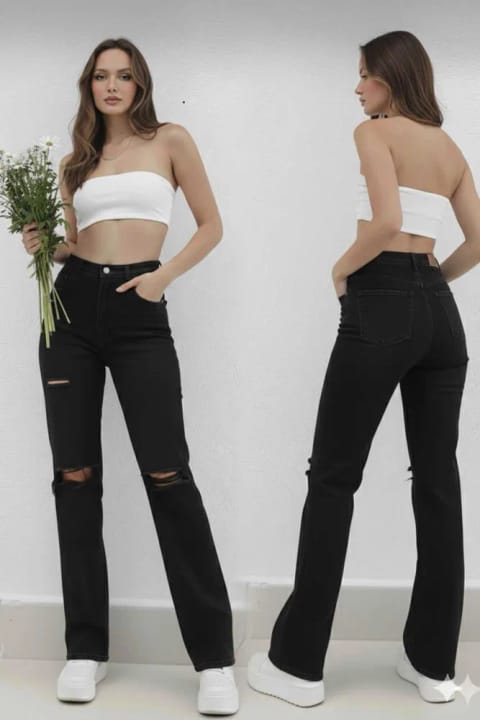 Livik Alissa شلوار جین مشکی کشسان فوقالعاده High Waist با برش پاره و پاچه گشاد