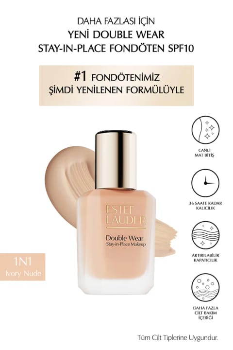 فونداسیون Estee Lauder Double Wear Stay-in-Place SPF10 با فینیش مات شاداب (1N1 Ivory Nude)