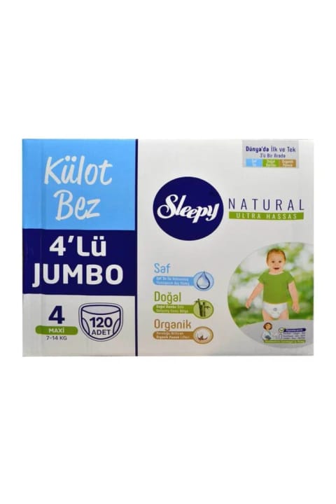 Sleepy شورت پوشک بچه ۱۲۰ عددی Natural Ultra حساس سایز ۴ ماکسی ۷ تا ۱۴ کیلوگرم