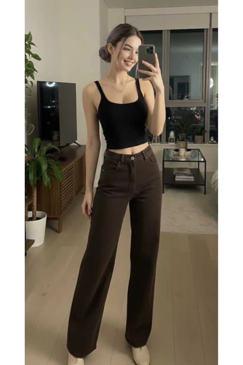 Lighter Jeans Tina شلوار جین پالازو وایدلگ کمر بلند قهوهای تیره کشسان