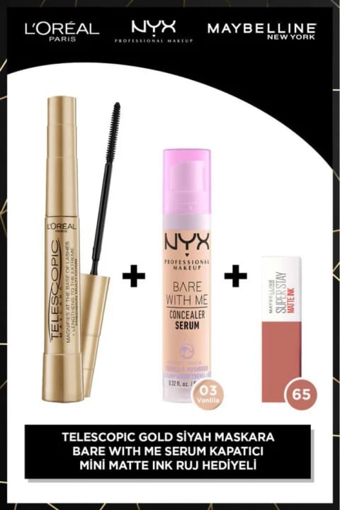 L'Oreal Paris Telescopic Gold Maskara + Bare With Me Kapatıcı 03 + Matte Ink ...
