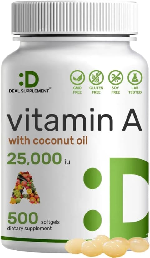 مکمل Deal Supplement ویتامین A پر قدرت 25000 IU برای سلامت چشم، ایمنی و پوست، 500 سافت‌جل روغن نارگیل