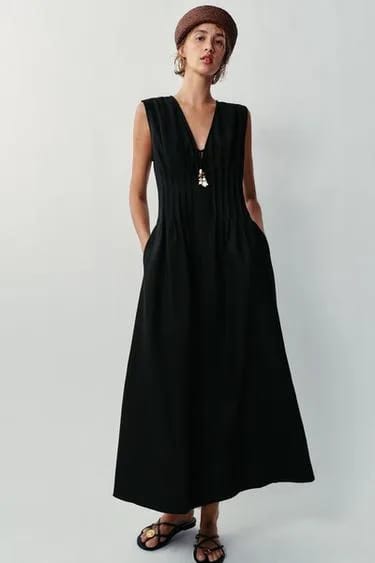 Zara پیراهن میدی ترکیب کتان با پلیسه سوزنی
