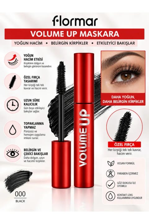 ریمل Flormar حجمدهنده، بلندکننده و برجستهساز مژه 000 Black