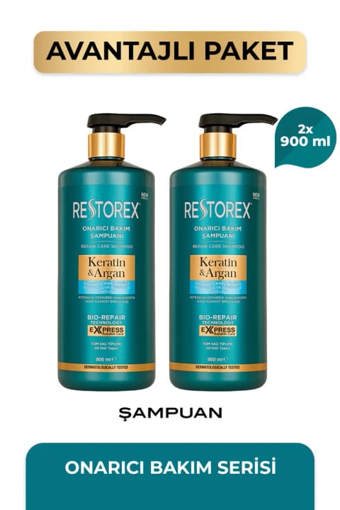 Restorex کراتین و آرگان شامپو ترمیم‌کننده ۲×۹۰۰ میلی‌لیتر