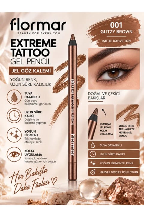 Flormar Extreme Tattoo - 001 Glitzy Brown - 1.2 g - مقاوم در برابر آب با پیگمنت غلیظ