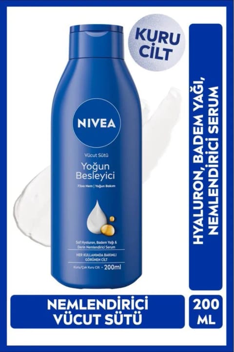 NIVEA مرطوبکننده بدن ۲۰۰ میلیلیتر، تغذیه عمیق، هیالورون، روغن بادام، پوست خشک