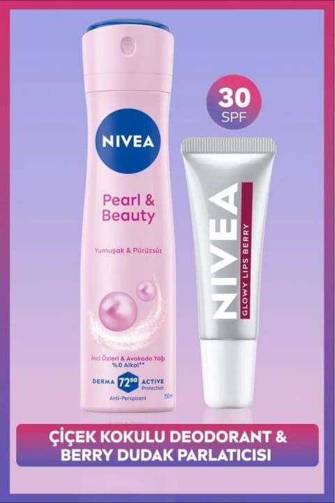 NIVEA اسپری دئودورانت زنانه Pearl&Beauty با حجم 150 میلی‌لیتر و بالم لب مرطوب‌کننده رنگی Berry