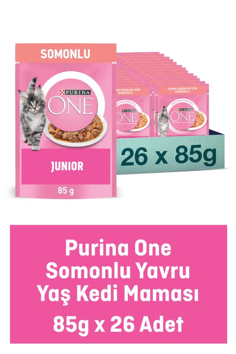 غذای مرطوب بچه‌گربه Purina One Junior با ماهی سالمون ۲۶×۸۵ گرم