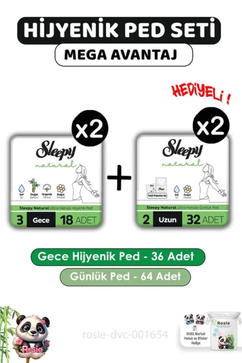 Sleepy Natural نواربهداشتی شبانه 36 عددی و نواربهداشتی روزانه بلند 64 عددی به همراه ROSIE