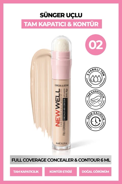 کانسیلر و کانتور New Well Full Coverage با نوک اسفنجی 02، 6 ml