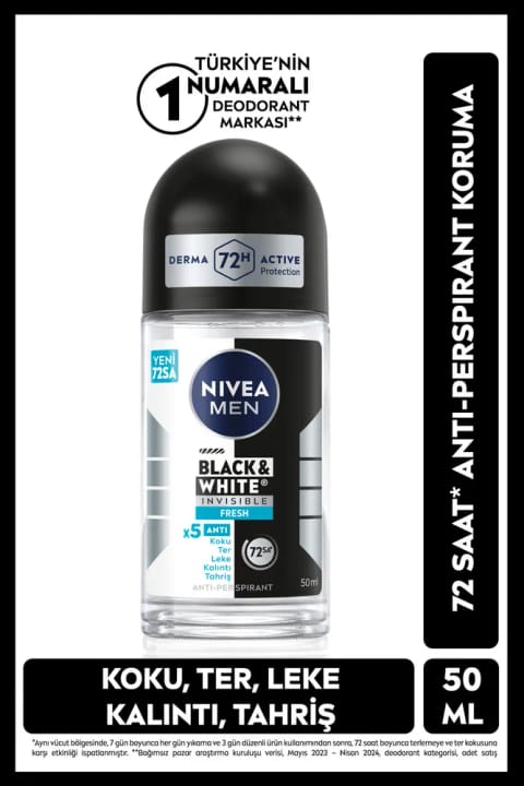 NIVEA MEN رولآن دئودورانت مشکی و سفید نامرئی تازه ۵۰ میلیلیتری، ماندگاری ۷۲ ساعته