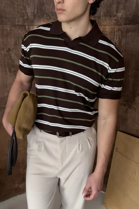 تی‌شرت بافت یقه‌پولو راه‌راه مردانه قهوه‌ای
