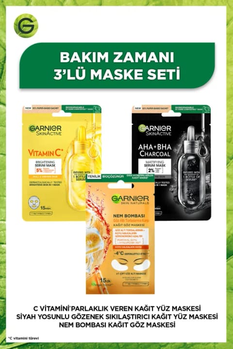 ماسک ورقهای صورت گارنیر جلبک سیاه و زغال + ویتامین C + بمب آبرسانی دور چشم