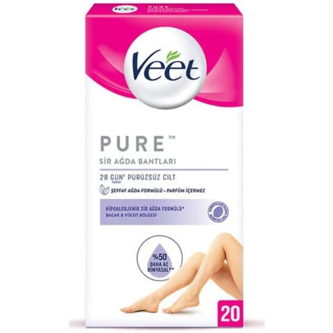 Veet Pure نوارهای اپیلاسیون هیپوآلرژنیک پا و بدن ۲۰ عددی