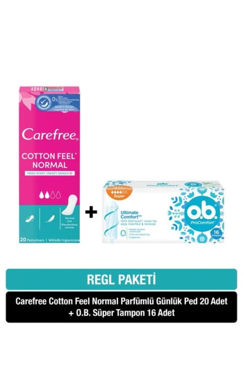 o.b. تامپون سوپر ۱۶ عددی + پد روزانه Carefree Cotton Feel Normal معطر ۲ بسته