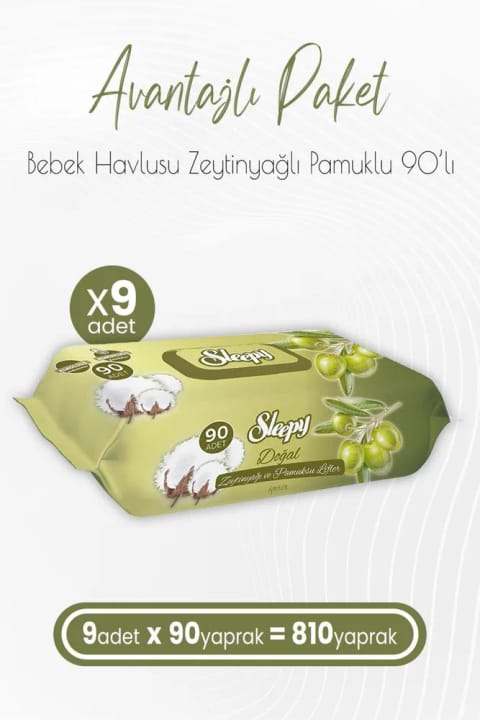 Sleepy دستمال مرطوب کودک با روغن زیتون و پنبه ۹۰ برگی × ۹ (۸۱۰ برگ)