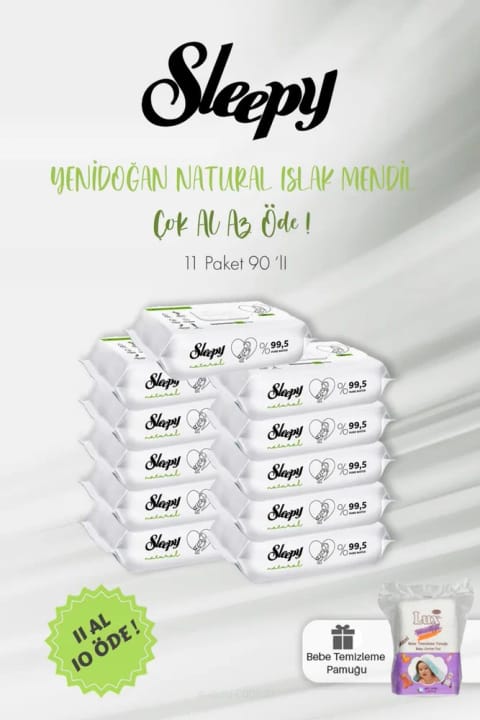 Sleepy 11 AL 10 ÖDE Natural نوزاد دستمال مرطوب ۹۰ عددی و پنبه نوزاد