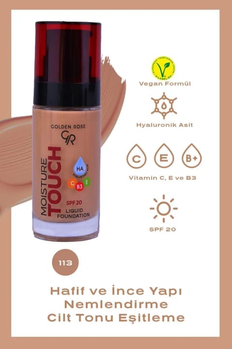 Golden Rose Moisture Touch Foundation No: 113 - مرطوبکننده حاوی Hyaluronic Acid...