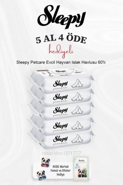Sleepy Petcare دستمال مرطوب حیوانات خانگی ۶۰ عددی — ۵ بسته، همراه پنبهٔ Rosie