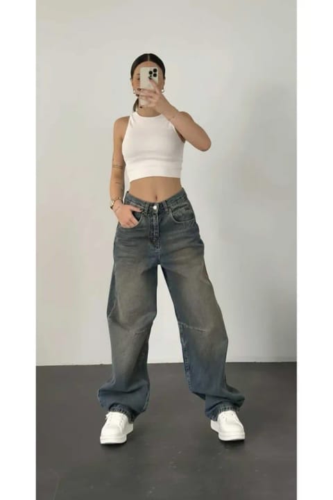 Lighter Jeans زنانه شلوار جین پالازو دمپا گشاد کشسان رنگ روشن