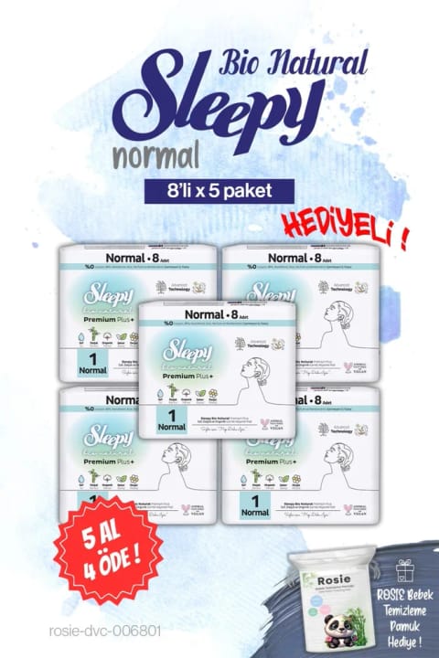 Sleepy Bio Natural نوار بهداشتی نرمال ۸ عددی — ۵ بسته، همراه هدیهٔ Rosie