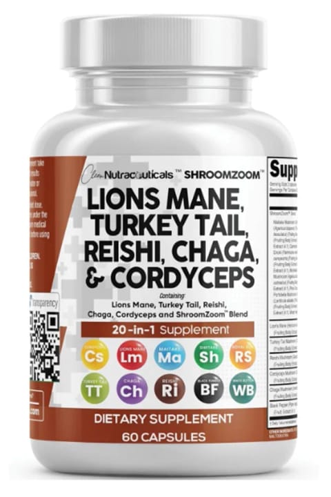 Clean Nutraceuticals Lions Mane Tail Reishi Cordyceps Chaga 60 کپسول