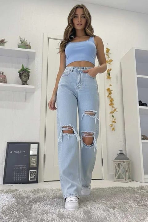 Lighter Jeans شلوار جین زنانه نرم با ۳ بریدگی، آبی یخی، کمر بسیار بالا، کشسان و گشاد
